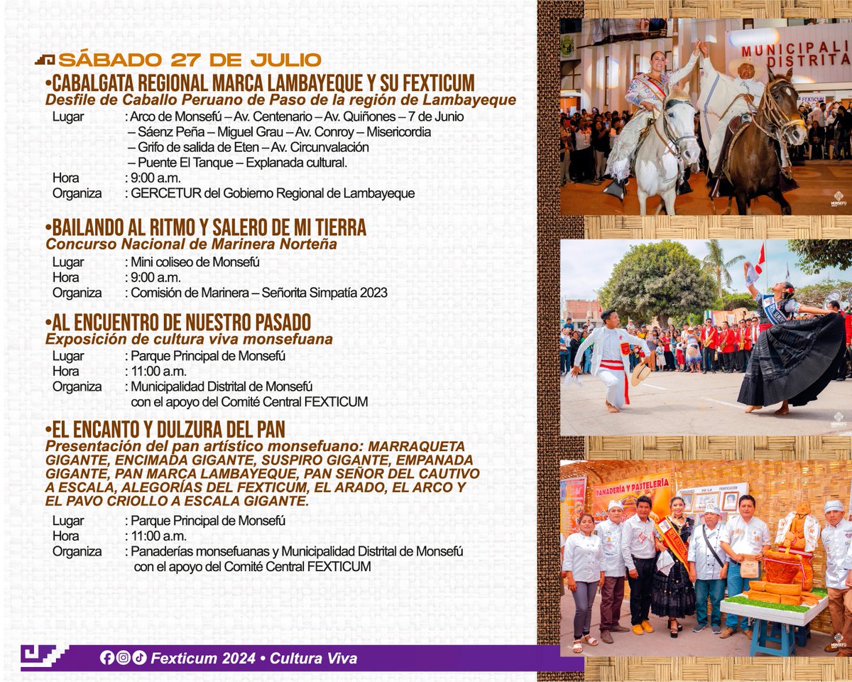 Monsefuradio's tweet photo. 👉Programa #Fexticum 2024 : Sábado 27 de Julio.
🇵🇪Fiestas Patrias en #Monsefú🌼🎶🍽
🎯¡Allí nos vemos amigos!✅.
((🔴))📡MonsefuRadio🎥 🎙️. https://t.co/H41EK6B3FL