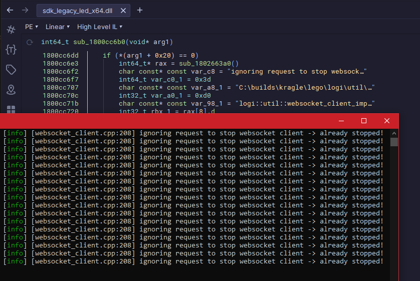 NotNite's tweet photo. Dear @LogitechG: Please stop injecting your DLLs into my games and spamming stdout with logs from your WebSocket client just because I want to use a racing wheel sometimes https://t.co/UEmlwDY2Yw