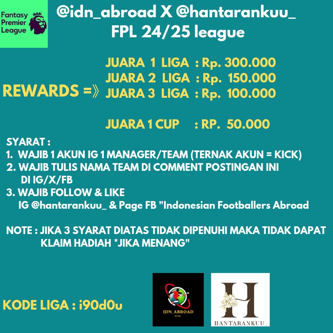 Idn_abroad (@idn_abroad) on Twitter photo Panggilan kepada seluruh manager FPL di Indonesia, mimin ngadain liga ke 3x nya. Syarat Insha Allah mudah mimin sertakan linknya di bawah untuk direct ke laman sponsor yaa
Cc suhu mohon rt & like nya <a href="/pisangij01/">FPL Liga Pisangijo</a> Panggilan kepada seluruh manager FPL di Indonesia, mimin ngadain liga ke 3x nya. Syarat Insha Allah mudah mimin sertakan linknya di bawah untuk direct ke laman sponsor yaa
Cc suhu mohon rt & like nya <a href="/pisangij01/">FPL Liga Pisangijo</a>