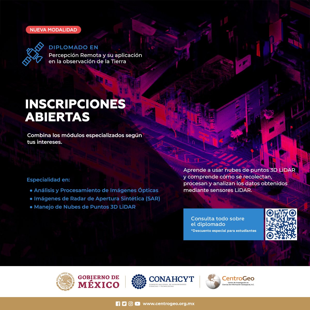 🌎🛰️¡Únete al diplomado de Percepción Remota y su Aplicación en la Observación de la Tierra!📚 Podrás cursar diferentes módulos de especialización que se adaptan a tus intereses. 
Consulta el temario y requisitos: bit.ly/3zLTHe9
Registrate aquí: bit.ly/3LoeF5n