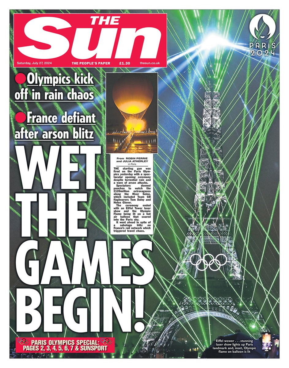 ukpapers's tweet photo. 🇬🇧 Wet The Games Begin

▫Drenched Team GB float down Seine in chaotic rain-soaked Paris 2024 opening ceremony as Celine Dion wows on Eiffel Tower
▫@robin_perrie @julia_atherley 
▫https://t.co/NKkKOlUvlC 👈

#frontpagestoday #UK @TheSun 🇬🇧 https://t.co/45JvLSL68P