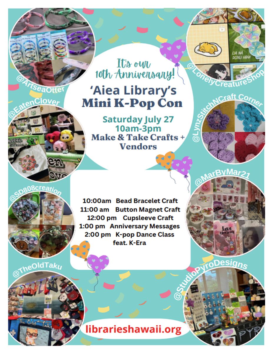 Are you on Oahu? Come to Aiea Public Library and celebrate our 10th year in this building with a mini kpop con! A portion of proceeds from vendors will go to the Friends of Aiea Library. Album inclusions will be sold too!