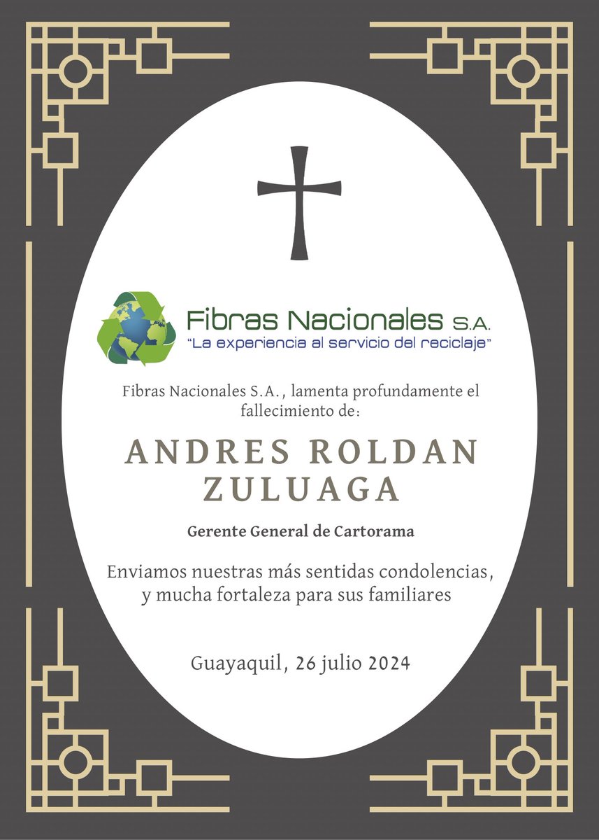 FIBRANAC_SA's tweet photo. Ante el sensible fallecimiento del Sr. Andrés Roldán Zuluaga, Gerente General de Cartorama, expresamos nuestras más sentidas condolencias a sus familiares. @CartoramaCA https://t.co/BeSB8ydqnf