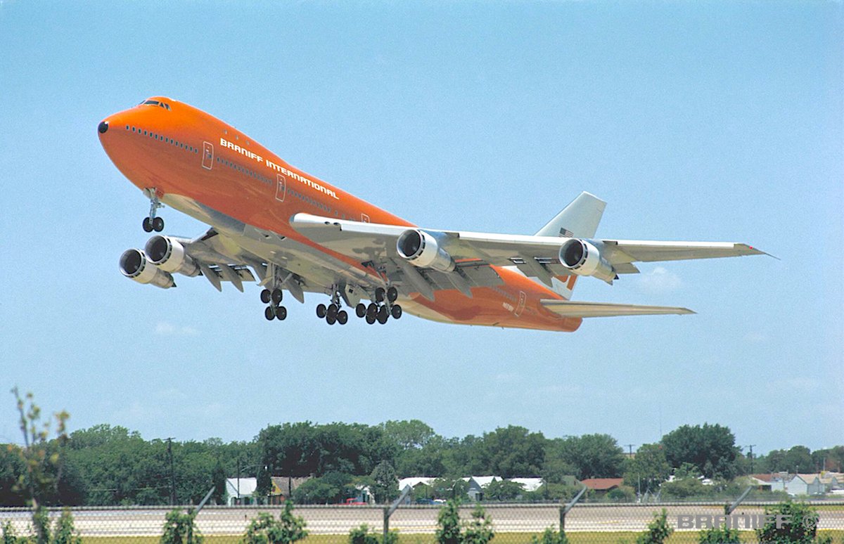 BRANIFF 747 DAL - Braniff International's magnificent Boeing 747-127 registered as N601BN and dubbed 747 Braniff Place is departing Dallas Love Field in the fall of 1971. The big airliner is departing for its daily nonstop flight to Honolulu, which it flew seven days a week.
