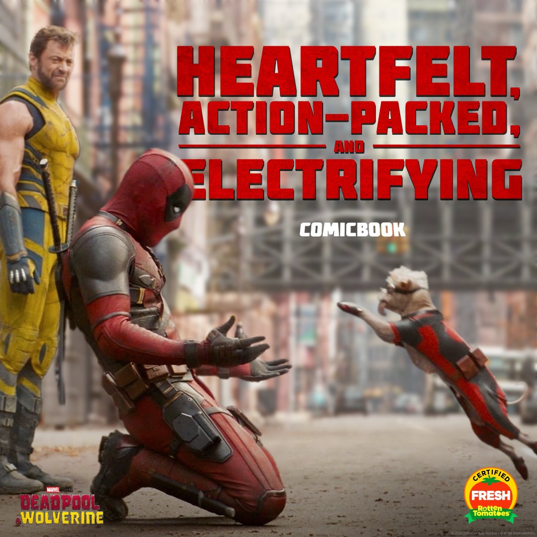 Marvel's tweet photo. ❤️💛🐶 #DeadpoolAndWolverine is now playing in theaters. Get tickets now: https://t.co/xAxXGfjs1G https://t.co/AAmaW3zu5F