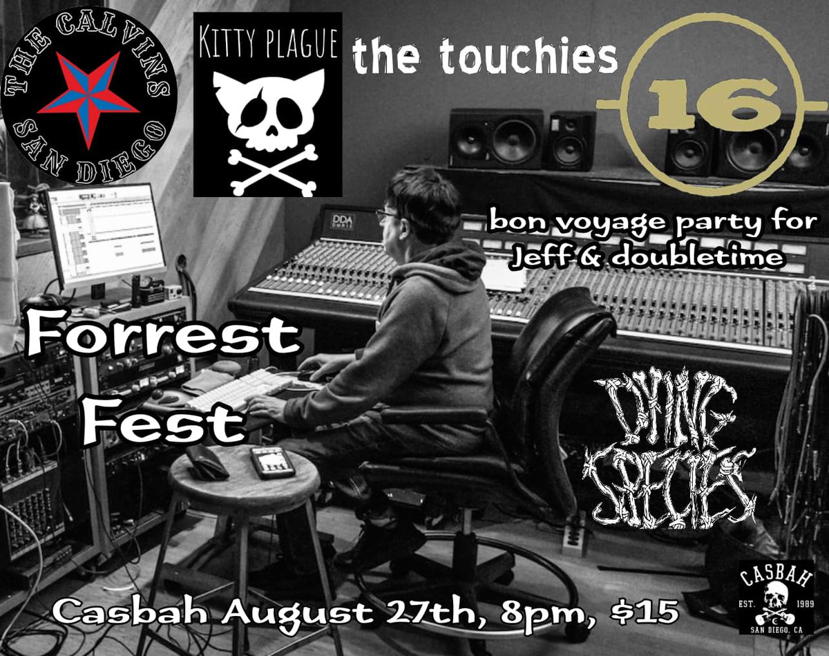 thetouchies's tweet image. FORREST FEST!

CASBAH 8/27, 8PM

KITTY PLAGUE 
THE TOUCHIES
THE CALVINS
16
DYING SPECIES