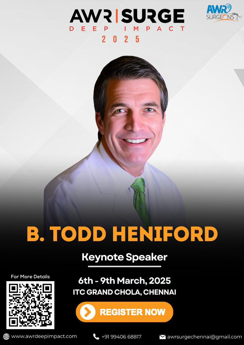 Dr Ashvind Bawa (@doctorbawaa) on Twitter photo Meet the GOAT ๐ of Hernia Surgery, <a href="/THeniford/">B Todd Heniford</a>, at AWR SURGE 2025! Get inspired by a legend. ๐
๐
March 6-9, 2025 | ๐ ITC Grand Chola, Chennai
๐ Reserve your spot: in.eregnow.com/ticketing/regiโฆ
#SURGE #AWRDeepImpact Meet the GOAT ๐ of Hernia Surgery, <a href="/THeniford/">B Todd Heniford</a>, at AWR SURGE 2025! Get inspired by a legend. ๐
๐
March 6-9, 2025 | ๐ ITC Grand Chola, Chennai
๐ Reserve your spot: in.eregnow.com/ticketing/regiโฆ
#SURGE #AWRDeepImpact