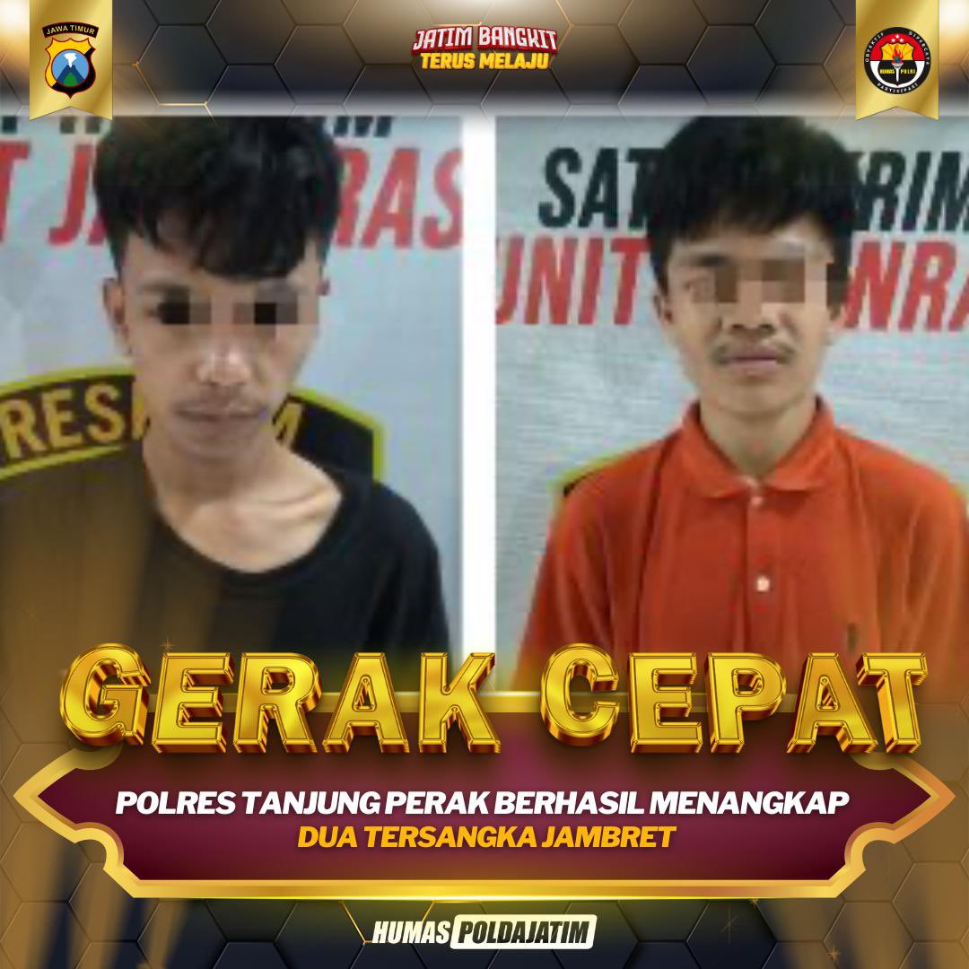 Unit Jatanras Satuan Reserse Kriminal ( Satreskrim) Polres Pelabuhan Tanjungperak Polda Jatim menangkap dua tersangka jambret inisial AF ( 24) dan DA (20) warga asal Bangkalan tinggal di Lasem Baru Surabaya.

#gerakcepat #polrestanjungperak #humaspolri #humaspoldajatim