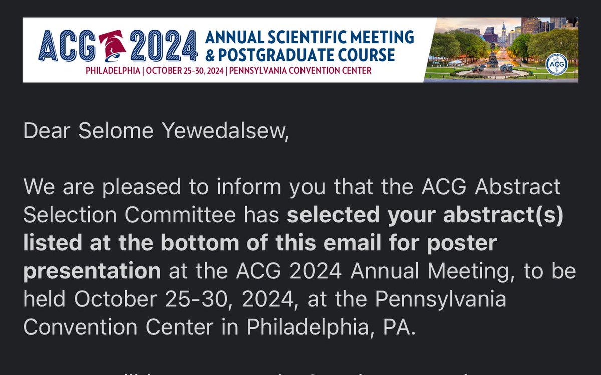 I am happy to share that I will be presenting my paper at ACG. Another opportunity to see the latest trends and research, and connect with friends. <a href="/AmCollegeGastro/">ACG</a> <a href="/sunydownstate/">SUNY Downstate</a> 

#ACG2024 #GITwitter #Residency