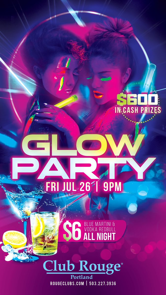 Join us tonight for our Glow Party July 26! We have $6️⃣ drink specials and $6️⃣0️⃣0️⃣ in cash prizes! 🌈🌈