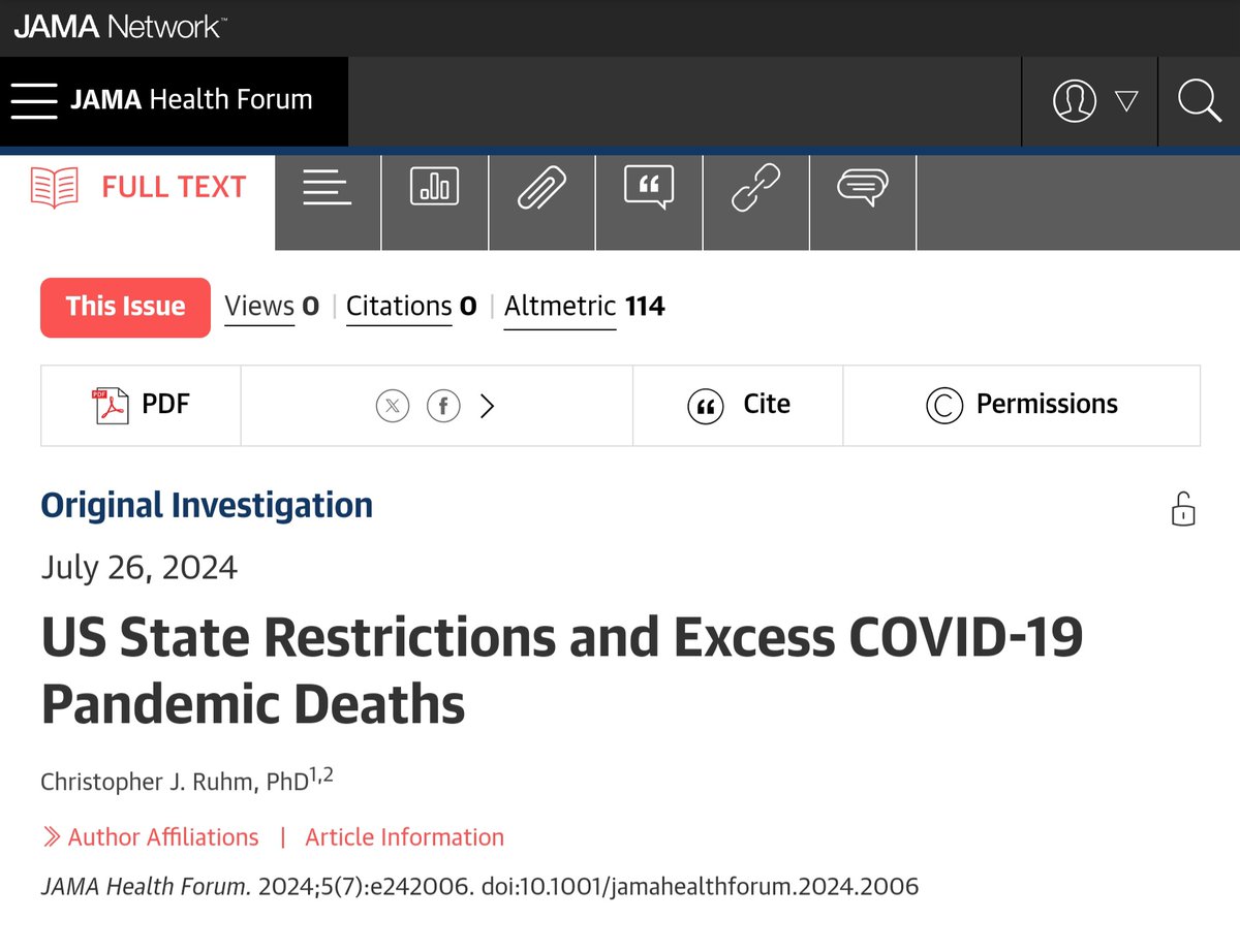 NohaAboelataMD's tweet image. "...stringent COVID-19 restrictions were associated with substantial decreases in excess deaths..."

If all states had imposed restrictions similar to the 10 most restrictive states, excess deaths would've been 10-21% lower than the 1.18 million that occurred 7/20 - 6/22.