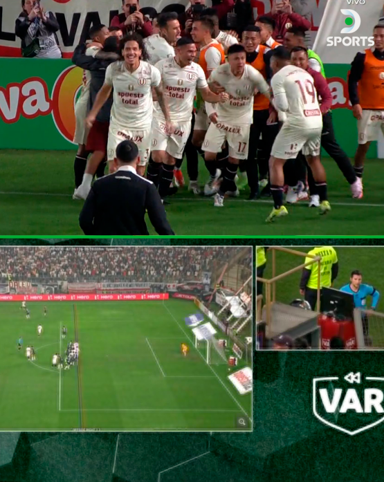 DSportsPE's tweet photo. ¡REMONTÓ LA 'U'! 🟡

▶️ Sobre el final, Jairo Concha anotó a los 88 minutos la ventaja para los 'cremas'. El juez Kevin Ortega revisó el VAR por posible posición adelantada, sin embargo, validó el gol.

👉 Universitario 2-1 Alianza Lima.

#Liga1 🇵🇪 https://t.co/gV8a5YqwkU