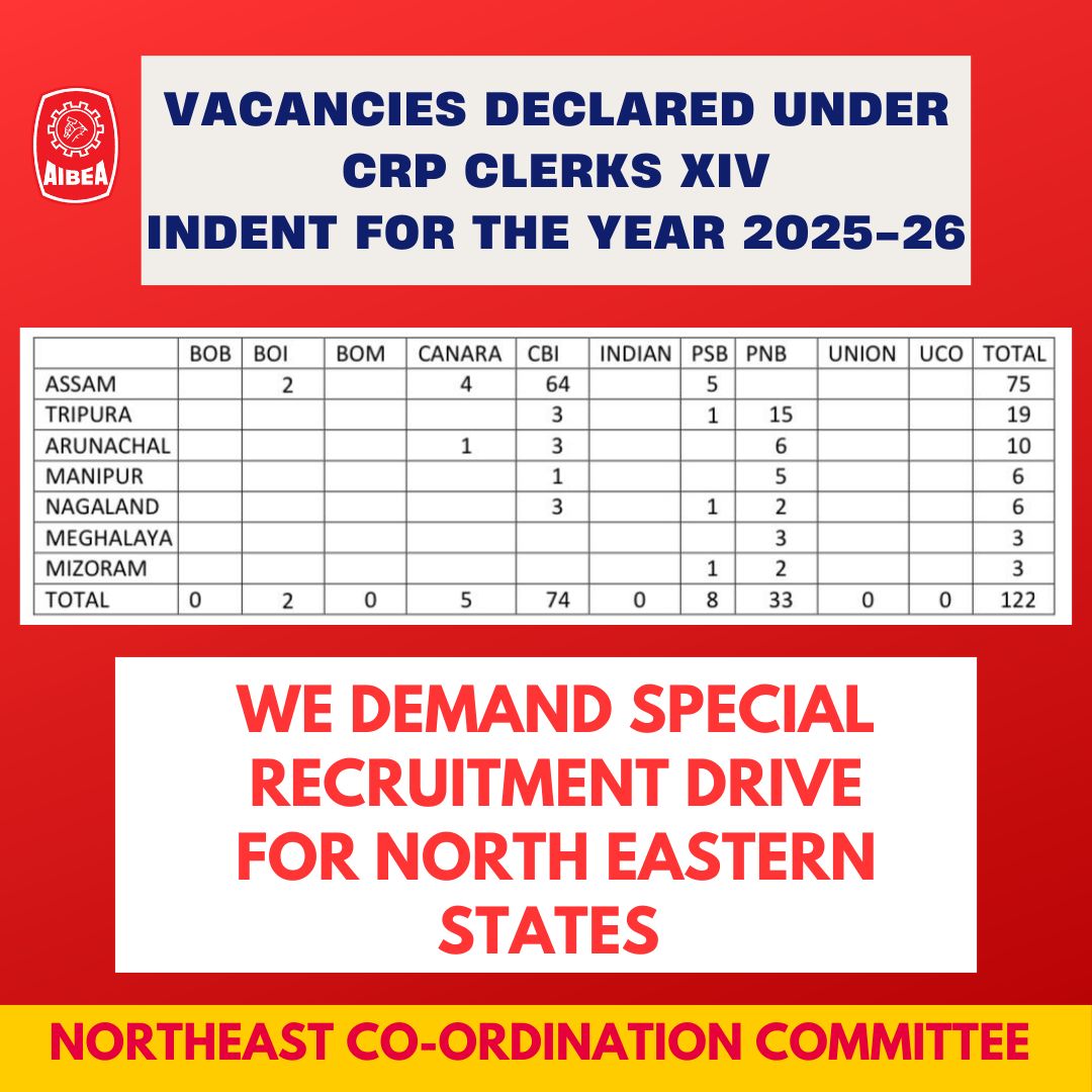 apbeaghy's tweet photo. The table shows NIL to  NEGLIGIBLE nos. Of CSA recruitment in PSBs of NE States 
The region is already crippled with very low staff in various PSBs leading to high work stress among employees due to increasing customer to employee ratio
#PSBRecruitmentNERegion 
#AIBEA https://t.co/9tRVmvoj16