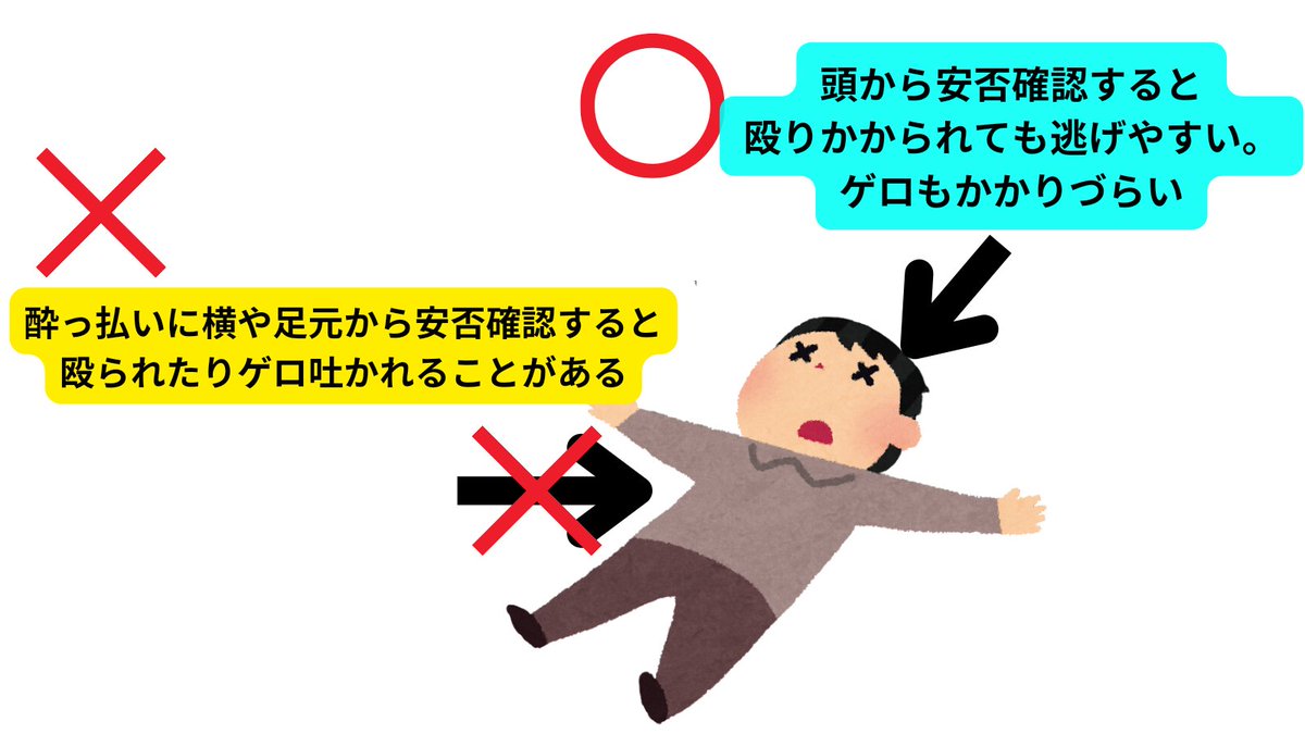 AiPinfu2003's tweet photo. これマジで殴られるから注意ね。
救命講習とかで倒れてる人に話しかける訓練するけど、酔っ払いの場合横から話しかけると殴られるよ。
あとゲロかけられたりする。
なので倒れてる人の安否を確認するときは【頭の方から】声をかけよう。
本腰入れて殴られたり掴まれたりする前に逃げられるから。 https://t.co/7PA1592Z0B
