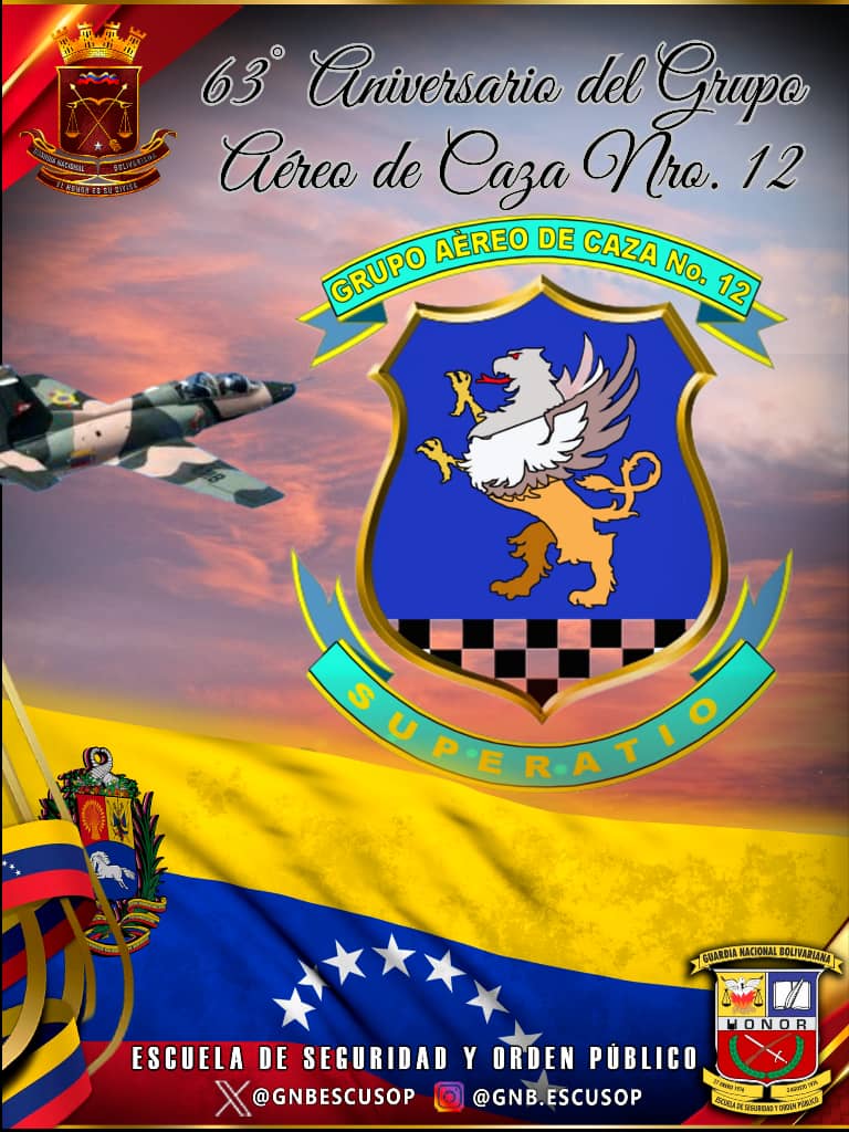 #27Jul Felicitamos a todos los hombres y mujeres que conforman el Grupo Aéreo de Caza N°12 de la Aviación Militar Bolivariana con motivo de celebrarse el 63 aniversario de la creación de esta unidad castrense.