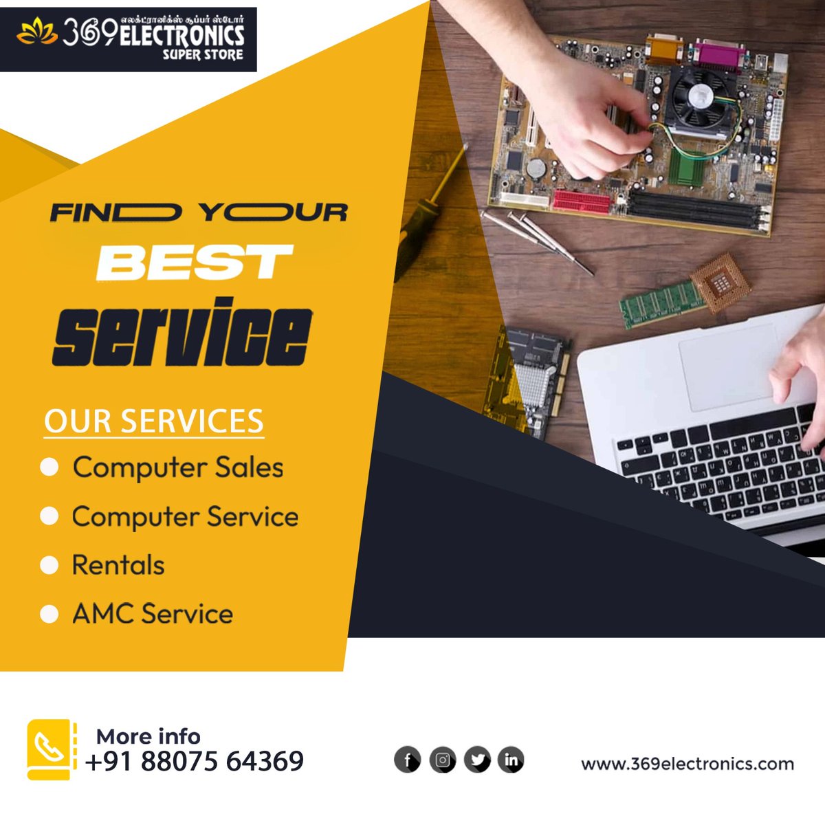 369Electronics's tweet image. 369 Electronics
*
*
📷 Find Your Best Service
*
*
Our Services :
📷 Computer Sales
📷 Computer Service
📷 Rentals
📷 AMC Service
*
*
📷For More Details Call us : +91 88075 64369
*
*
#computersales #TechDeals #pcsales #laptopdeals #gamingpc #workstation #desktopdeals #TechSales