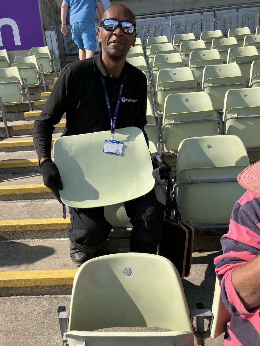 This is terrific work ⁦<a href="/Edgbaston/">Edgbaston Stadium</a>⁩.

I’m here for whole of Test, same seat. Yesterday there was a crack in it. No big deal; I didn’t complain.

I arrived at 9.45 today. And there is Darren the maintenance guy replacing it with a new one. Brilliant!

⁦⁦<a href="/GeorgeDobell1/">George Dobell</a>