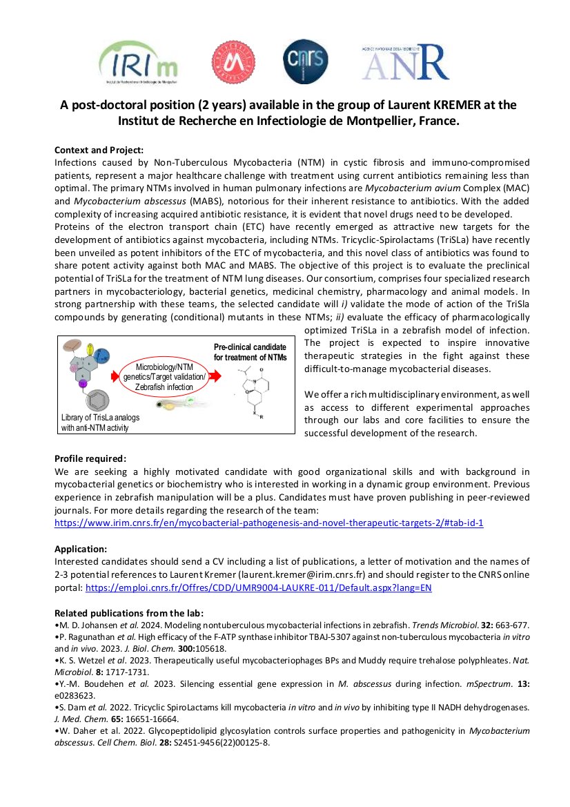 Our team is hiring a post-doc to work on M. abscessus and M. avium, that includes describing the MOA of new inhibitors and testing efficacy in the zebrafish model. Please RT. 👇