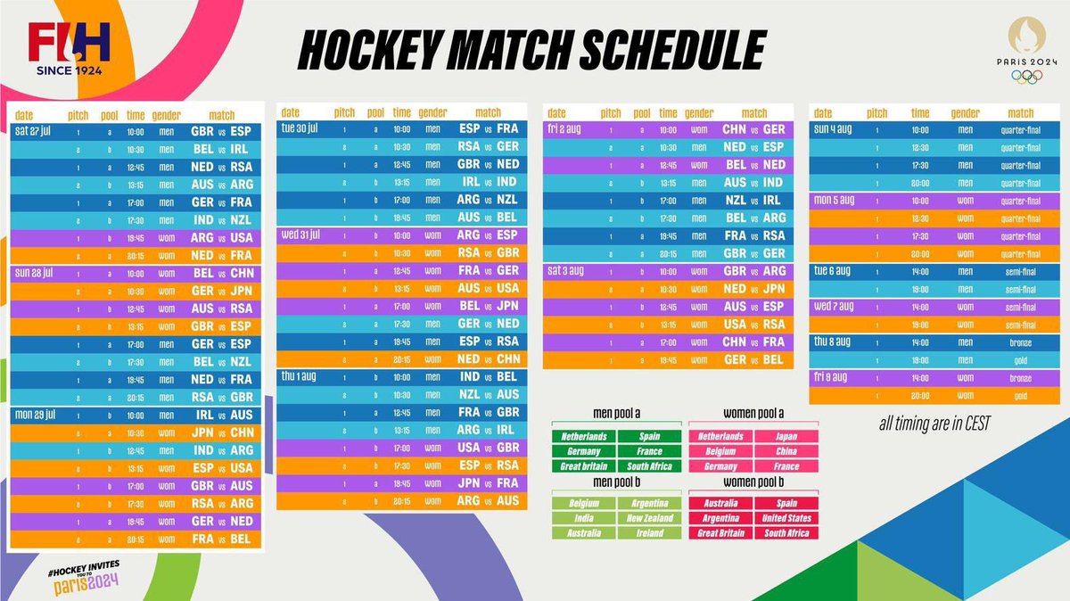 Lots of hockey available at the Olympics for you all to enjoy. Remember the timings are shown for France so we are 1 hour earlier!