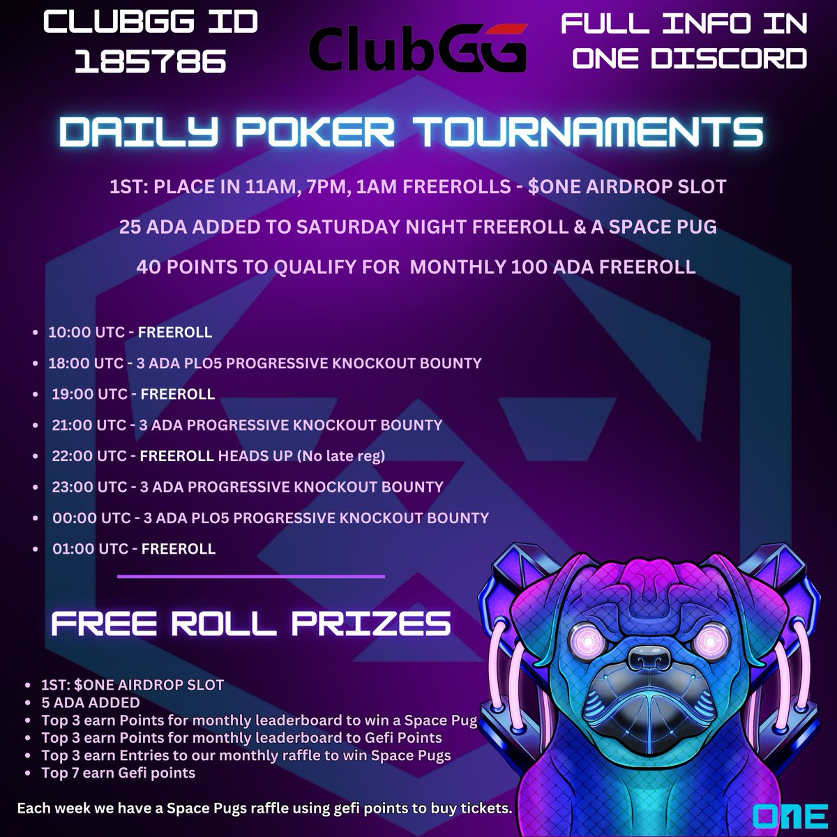 DAILY POKER SCHEDULE

- Daily Freerolls &amp; $Ada Buy-in NLH &amp; PLO Tourneys
- SIT N GOS: NLH &amp; PLO
- Cash Games: NLH &amp; PLO
 
Link: play.clubgg.net/dlink/cvZL9JQo
Club id: 185786  
Join: discord.gg/projectone

#Cardano #Poker #AdaPoker #ProjectONE