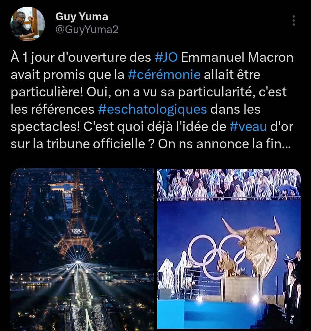 GuyYuma2's tweet photo. Les valeurs chrétiennes de la France ont été insultées et désacralisées lors d la cérémonie d'ouverture des #JO, Paris ville lumière mais a été sombrée avec des spectacles porteurs de messages #immondes !!! 

Quel rapport faites-vous entre les Jeux et #LGBT cher Emmanuel Macron? https://t.co/0p1riOIJ2f