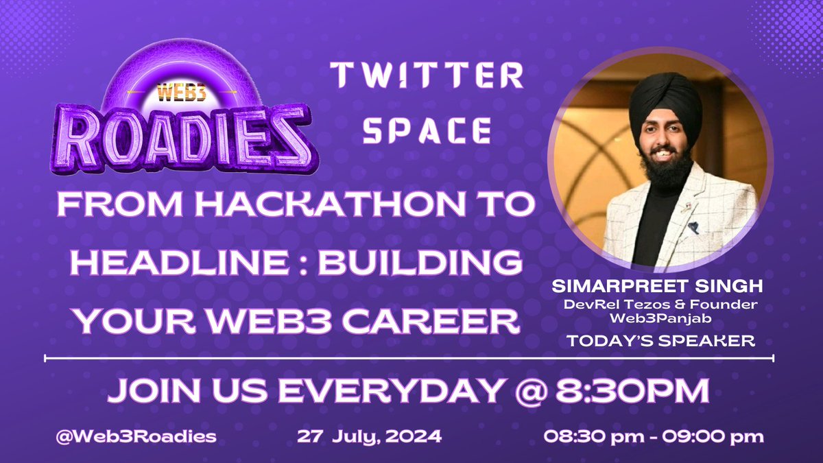 Web3Roadies - India's Biggest Hackathon Presents:🚀

Hackathon  Space - Day 05🦀

Topic : From Hackathon to Headline: Building Your Web3 Career🌱

Today's Speaker: <a href="/simarpreet_019/">Simarpreet Singh 🥑 buidling Web3Panjab ✨</a> 💫

Set a reminder for 8:30 PM IST🔔
x.com/i/spaces/1YqKD…