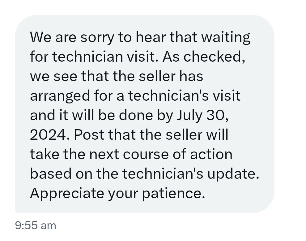 sidc09's tweet photo. @flipkart Got call from delivery person, he needs the old AC to be exchanged during the delivery of new AC today. The old AC as per @flipkartsupport will be uninstalled only by 30.07.24. Cant stand this circus anymore. Cancelling the product after 6 days of torture. @_Kalyan_K https://t.co/rUbhCSOhpu