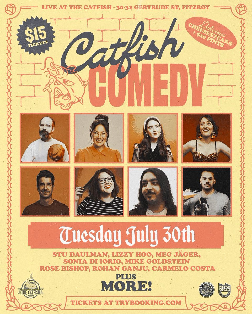 🚨UPDATED LINEUP🚨
Come down to Catfish this Tuesday for the (guaranteed) best god damned time of your life!! 🤘

Limited 2 for 1 tickets available!!!
Group discounts available

trybooking.com/events/landing…

#melbourne #thingstodoinmelbourne #whatsonmelbourne #comedy #melbournefoodie