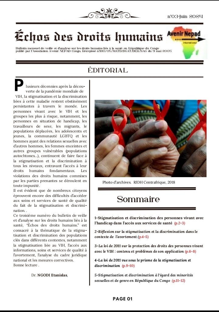 Echos des droits humains au Congo. Bulletin mensuel de NEPAD CONGO.

Vivez la situation des droits en santé des congolais.

Ce numéro nous parle des discriminations et stigmates que subissent les populations clefs 
Découvrez 👇👇

eu.docworkspace.com/d/sIHf-sauKAuu…
