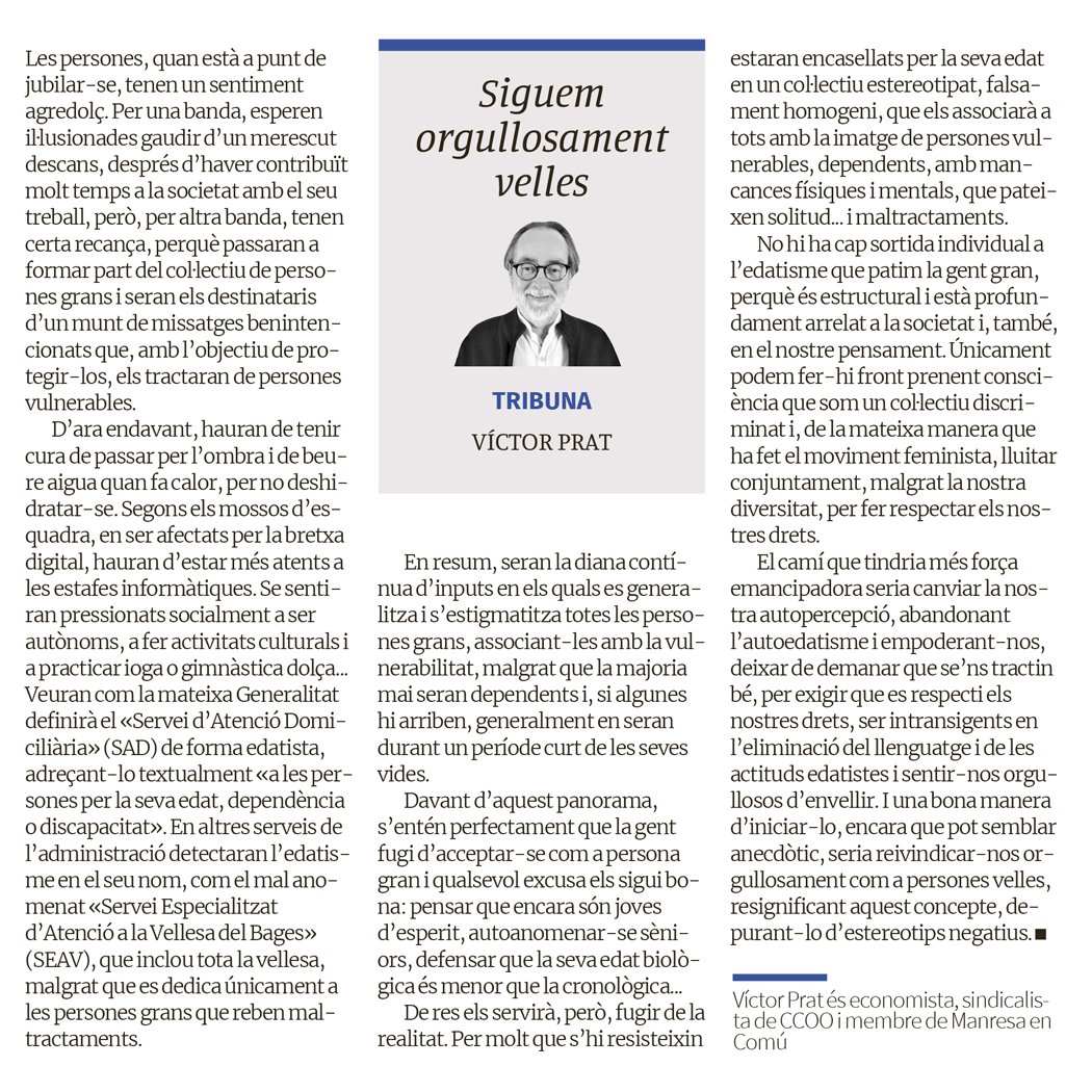 Soc orgullosament #vell Gràcies pels consells benintencionats, però no soc #ximple, paso per l’#ombra i bec #aigua quan fa calor per no deshidratar-me, igual que ho he fet tota la vida.
#edatisme
#OrgullDEnvellir
regio7.cat/opinio/2024/07…