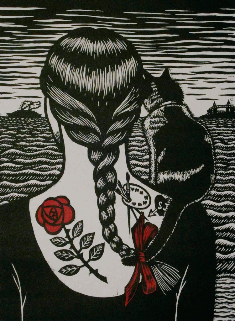 Looking Back to See, 2011, linocut,  by printmaker Deborah Klein #WomensArt