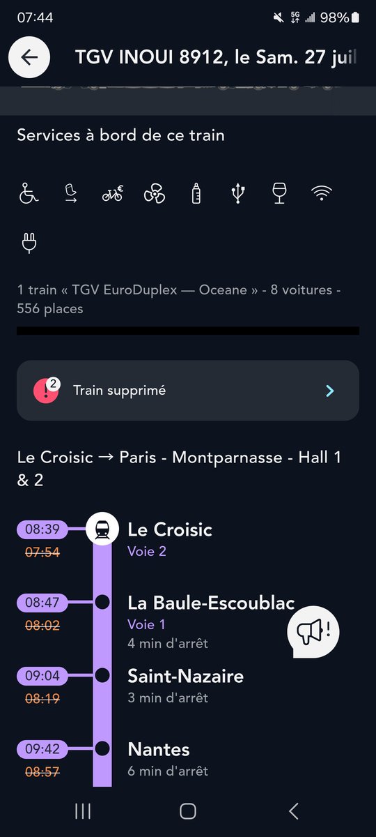 Bonjour <a href="/SNCFVoyageurs/">SNCF Voyageurs</a> , j ai 2 Informations contradictoires sur l application pour le 8912 . Est il en retard ou supprimé ? Merci