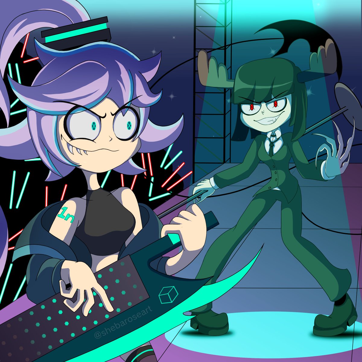 ShebaRoseArt's tweet image. Revenge for @marzybarzyzzz of their OC, May (Right) and my OC, C11rs0r. (Left) 

#artfight2024 #internecioncube #cliffside