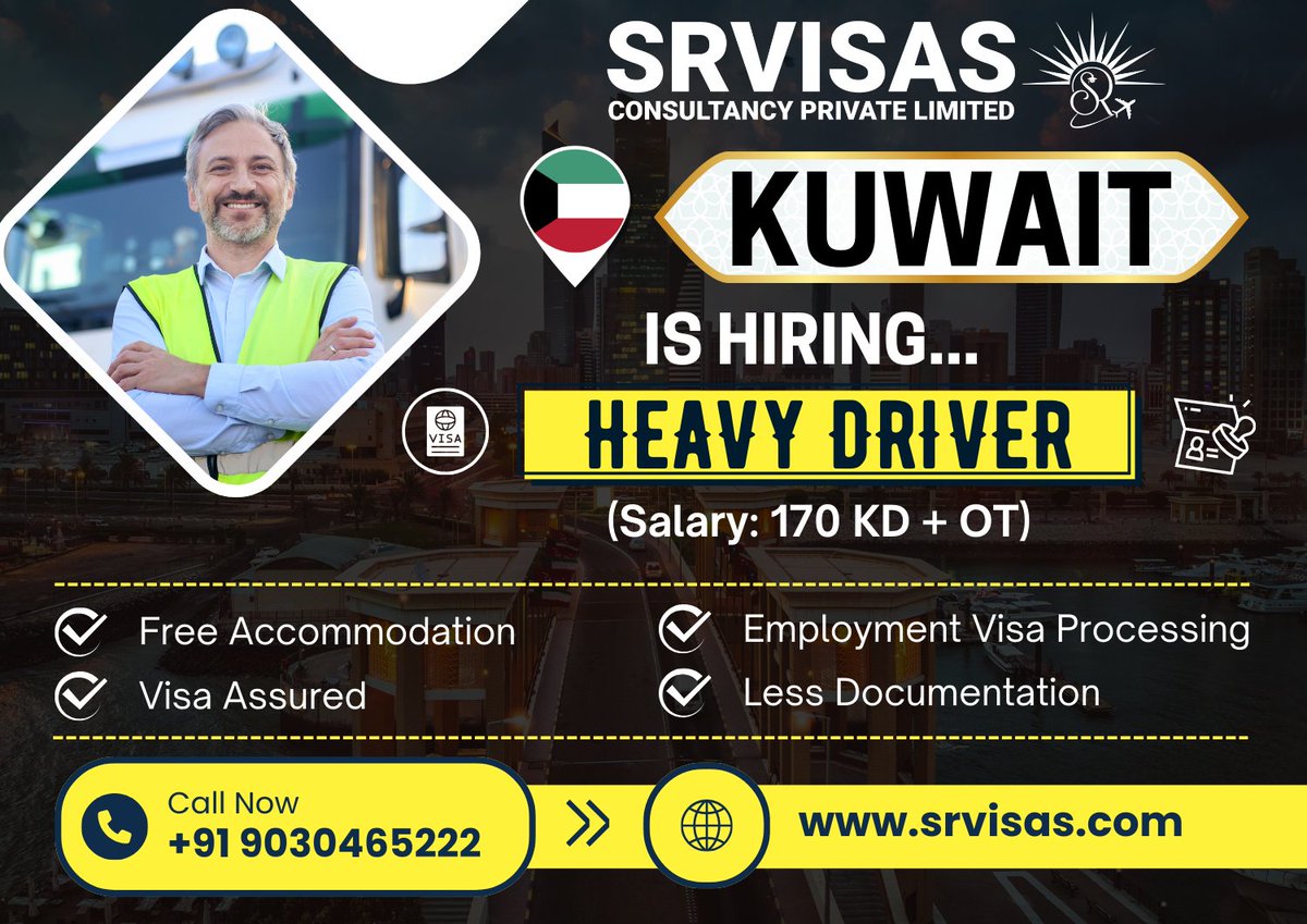sr__visas's tweet photo. Kuwait is Hiring for Heavy Driver. Start your Work Visa Journey with Sun Rise Visas Consultancy Pvt. Ltd.
Visit our website: https://t.co/0xBpHG7w8q
#jobs #workvisa #visaservices #workpermit #jobsabroad #workvisa #visaassistance #workvisasupport #visaagents #visaservices https://t.co/l4gITldWit