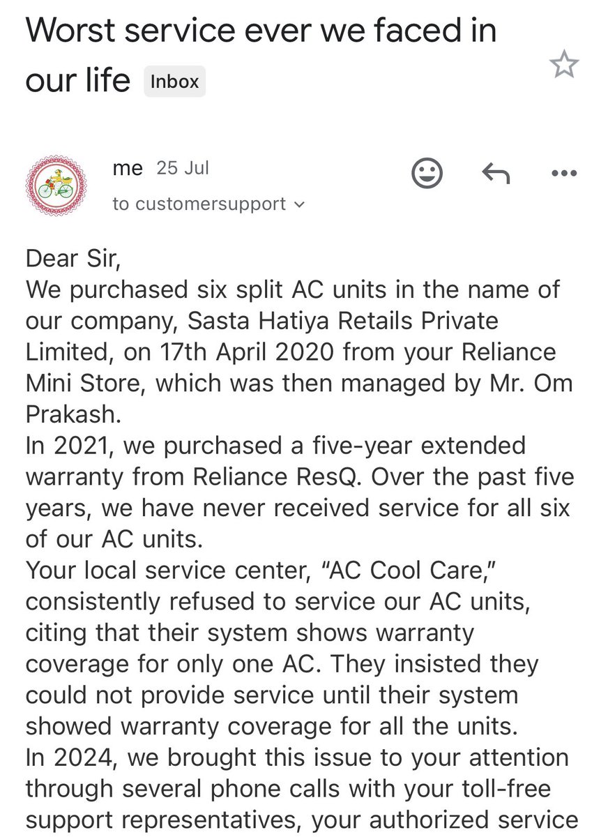 SastaHatiya's tweet photo. We are surprised by this email. I submitted a complaint with warranty details for our 6 AC units, but received a reply from Reliance Digital about our water purifier being out of warranty and requiring payment. Really!! Is this “Reliance” service?
@reliancegroup  @RelianceDigital https://t.co/2Z96IEBPiv