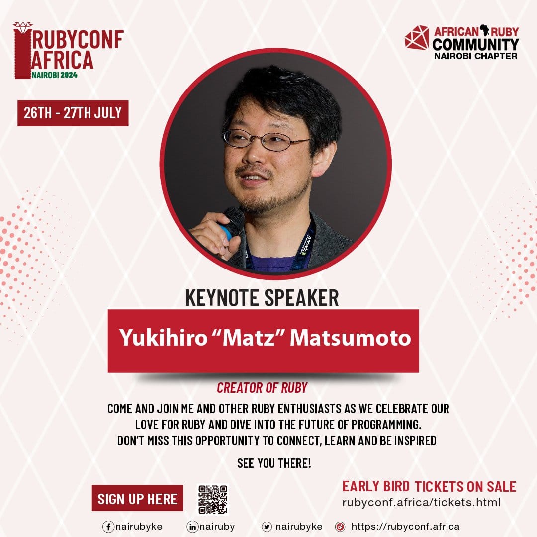 African Ruby Community (@ruby_african) on Twitter photo Our first Keynote is from the creator of Ruby !!💎💎 <a href="/yukihiro_matz/">Yukihiro Matz</a> Yukihiro Matsimoto!!❤️🔥
Can you believe it!
He is dropping wisdom on us. Thank you for gracing our event.🎉🎉
#rubyconfafrica2024 #africanruby Our first Keynote is from the creator of Ruby !!💎💎 <a href="/yukihiro_matz/">Yukihiro Matz</a> Yukihiro Matsimoto!!❤️🔥
Can you believe it!
He is dropping wisdom on us. Thank you for gracing our event.🎉🎉
#rubyconfafrica2024 #africanruby