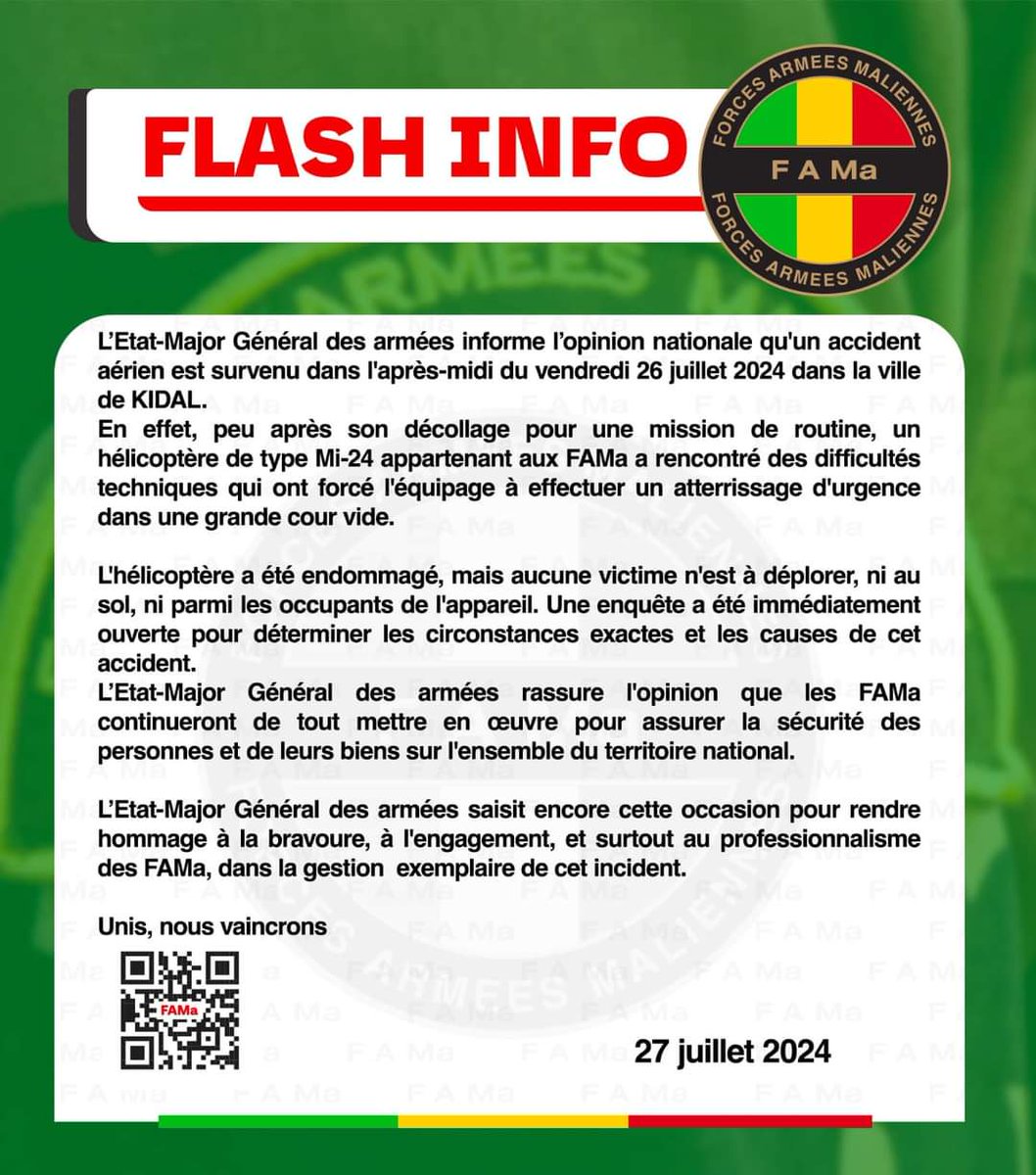 NamazeDany's tweet photo. #Mali: L’Etat-Major Général des armées informe l’opinion nationale qu'un accident aérien est survenu dans l'après-midi du vendredi 26 juillet 2024 dans la ville de KIDAL. https://t.co/ZLxBkB77Of