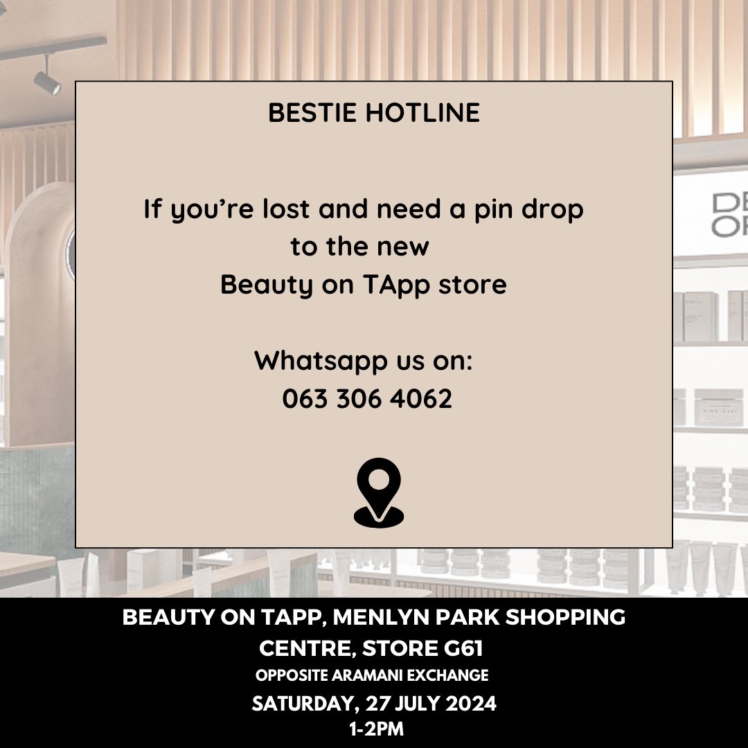 BeautyonTApp's tweet photo. Beauty is being served at Menlyn Park Shopping Centre today, besties ππ€
Doors open at 9am, Saturday 27 July.
Beauty on TApp, Store G61 opposite Armani Exchangeπ
We cannot wait for you to celebrate this milestone with us! β¨
#BOTMenlyn https://t.co/zU5B9jeSqb