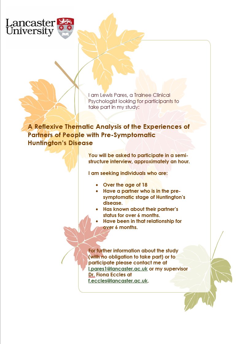 LPpsych's tweet photo. I'm currently recruiting for my doctoral thesis! #dclinpsy   If you are in a relationship with someone who has premanifest Huntington's disease, please contact me at l.pares1@lancaster.ac.uk!

@journal_hd @J_GeneticPsych @HDA_tweeting @HDYOFeed @HDBuzzFeed @HuntingtonSG https://t.co/s4RY2duvFm
