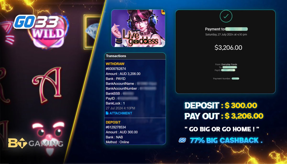 go33au's tweet photo. #GO33AU #BTGAMING
⭐ G'day, Winners!
Congratulations, mate! 🌹
PRODUCTS : #BTGAMING
GAMES : #LIVEGODDESS
DEPOSIT :$ 230.00
WITHDRAW : $ 2,815.00
🛡 Sign up and Get -
$33.33 on the house!
Win Big With GO33AU📈
GET YOUR GRATIS $33.33 NOW :
https://t.co/cg6AjIFTMB https://t.co/t9v25Fj3YV