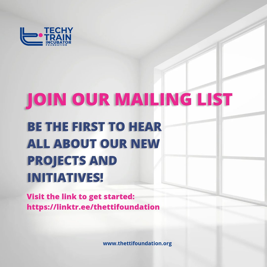 hertechytrain's tweet photo. Dear Techy enthusiasts, this one's for you!
Do you want the latest?
Join our mailing list today by clicking on this link https://t.co/5GtGv0hnwR
#TheTTIFoundation #techupgirls #thetechtrain #impact #DigitalSkillsforAfrica #EdTech #EmpoweringGirls #Africa #Genderlensinvesting https://t.co/mRgWna5Fv2
