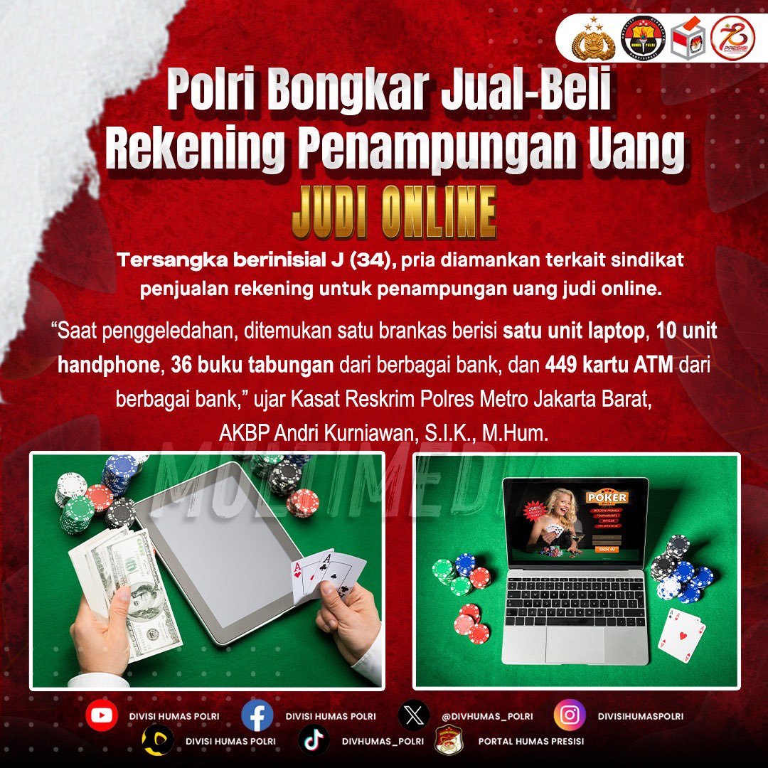Polri melalui Polres Metro Jakarta Barat telah mengamankan seorang tersangka pria berinisial J (34), atas keterlibatannya dalam sindikat penjualan rekening untuk penampungan uang judi online. #PerangiJudiOnline Bahaya Merusak Indonesia