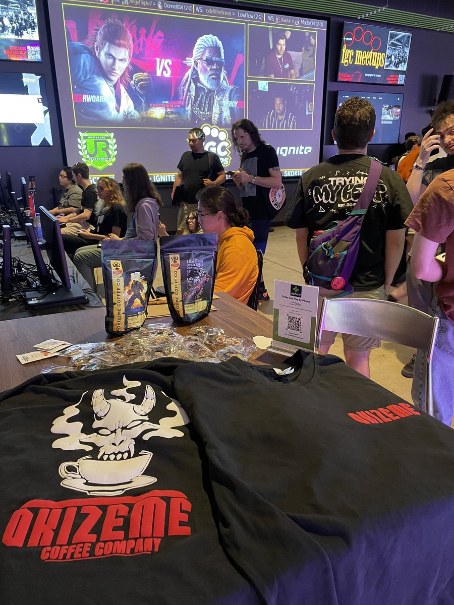 okizemecoffee's tweet photo. Made a surprise appearance @FGCMeetups with the new shirts and bag art for the Midbest qualifier. I will be popping up at locals in Madison, MKE and Chicago areas as much as I can! I have exciting things in the works, stay tuned! @DemonHoursCrew Neutral shirts 👀👀👀 SO CLEAN😈 https://t.co/OW2RviPfL7