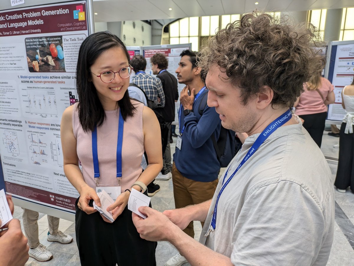 TomerUllman's tweet image. Junyi Chu presenting the Task Task at #CogSci2024, comparing people and LLMs in being able to come with creative problems (with Jennifer Hu)