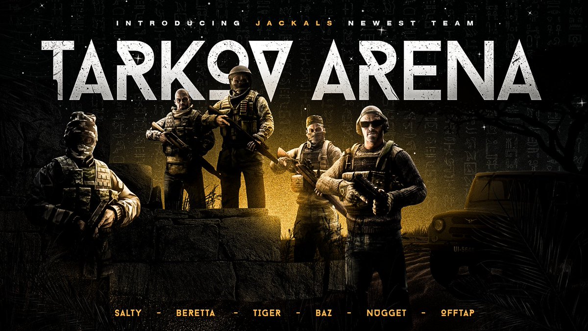 Jackals Esport (@jackalsesports) on Twitter photo 💛🐾ANNOUNCEMENT 🐾💛
Jackals Esports is very excited to announce our newest Roster Tarkov Arena Team.
<a href="/SgtBeretta/">sgt.beretta</a>
<a href="/TheNugget_AU/">Nugget</a>
<a href="/BabirusaAU/">Babirusa</a>
<a href="/OFFTAP_nz/">OFFTAP</a>
<a href="/TIGERL0KI/">TIGERLOKI</a>
<a href="/SaltyBallsackAU/">Salty</a>
#NoBarkOnlyBite | <a href="/TrueApparelCo/">True Apparel</a>| <a href="/JUICDenergy/">JUICD Energy</a> 💛🐾ANNOUNCEMENT 🐾💛
Jackals Esports is very excited to announce our newest Roster Tarkov Arena Team.
<a href="/SgtBeretta/">sgt.beretta</a>
<a href="/TheNugget_AU/">Nugget</a>
<a href="/BabirusaAU/">Babirusa</a>
<a href="/OFFTAP_nz/">OFFTAP</a>
<a href="/TIGERL0KI/">TIGERLOKI</a>
<a href="/SaltyBallsackAU/">Salty</a>
#NoBarkOnlyBite | <a href="/TrueApparelCo/">True Apparel</a>| <a href="/JUICDenergy/">JUICD Energy</a>