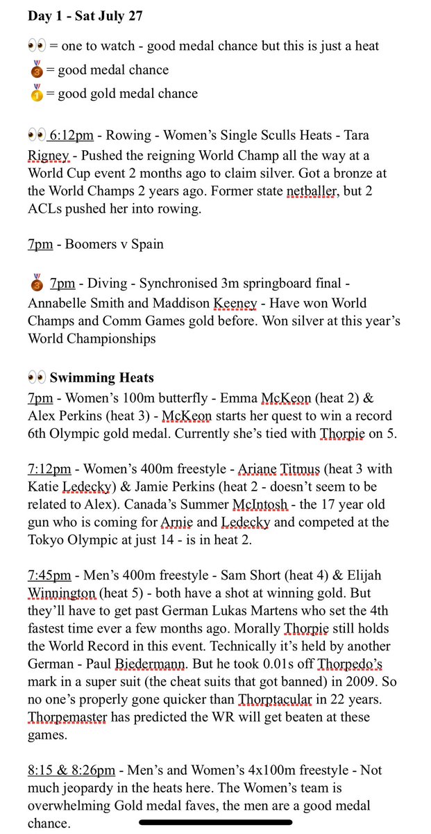 AndyThomas_'s tweet photo. Made myself a Day 1 #Paris2024 Aussies in Action preview. Doesn’t contain all Aussies, just events I’m interested in. 

I won’t be doing these everyday. I stand at the feet of giants of this genre like @LMcKirdy7 (who I also borrowed a bunch of the info from).

#AllezAUS https://t.co/AJHosU0s0y