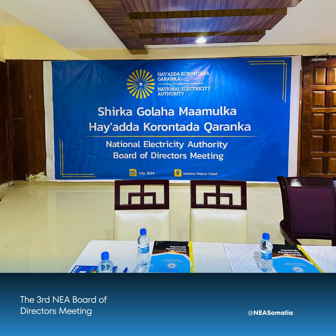 Commencing the third National Electricity Authority Board of Directors meeting at Jazeera Palace Hotel. Focused on strategic discussions to enhance the nation's energy sector. #NationalElectricityAuthority #BoardMeeting #EnergyDevelopment 🇸🇴