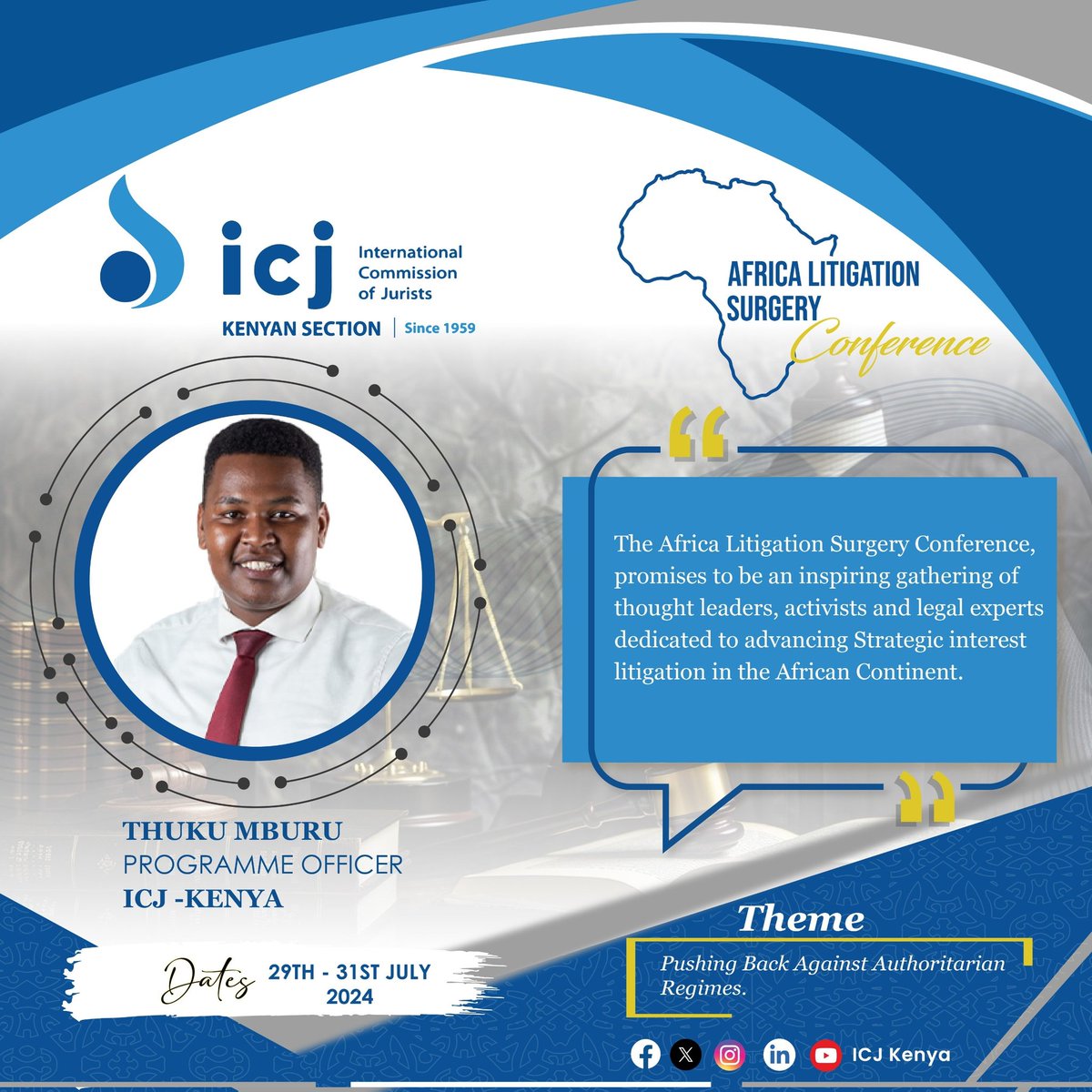 ICJKenya's tweet photo. The Africa Litigation Surgery Conference promises to be an inspiring gathering of thought leaders, activists and legal experts dedicated to advancing strategic interest Litigation in the African Continent. #ALSConference #ICJKenya https://t.co/yexOwNq54s