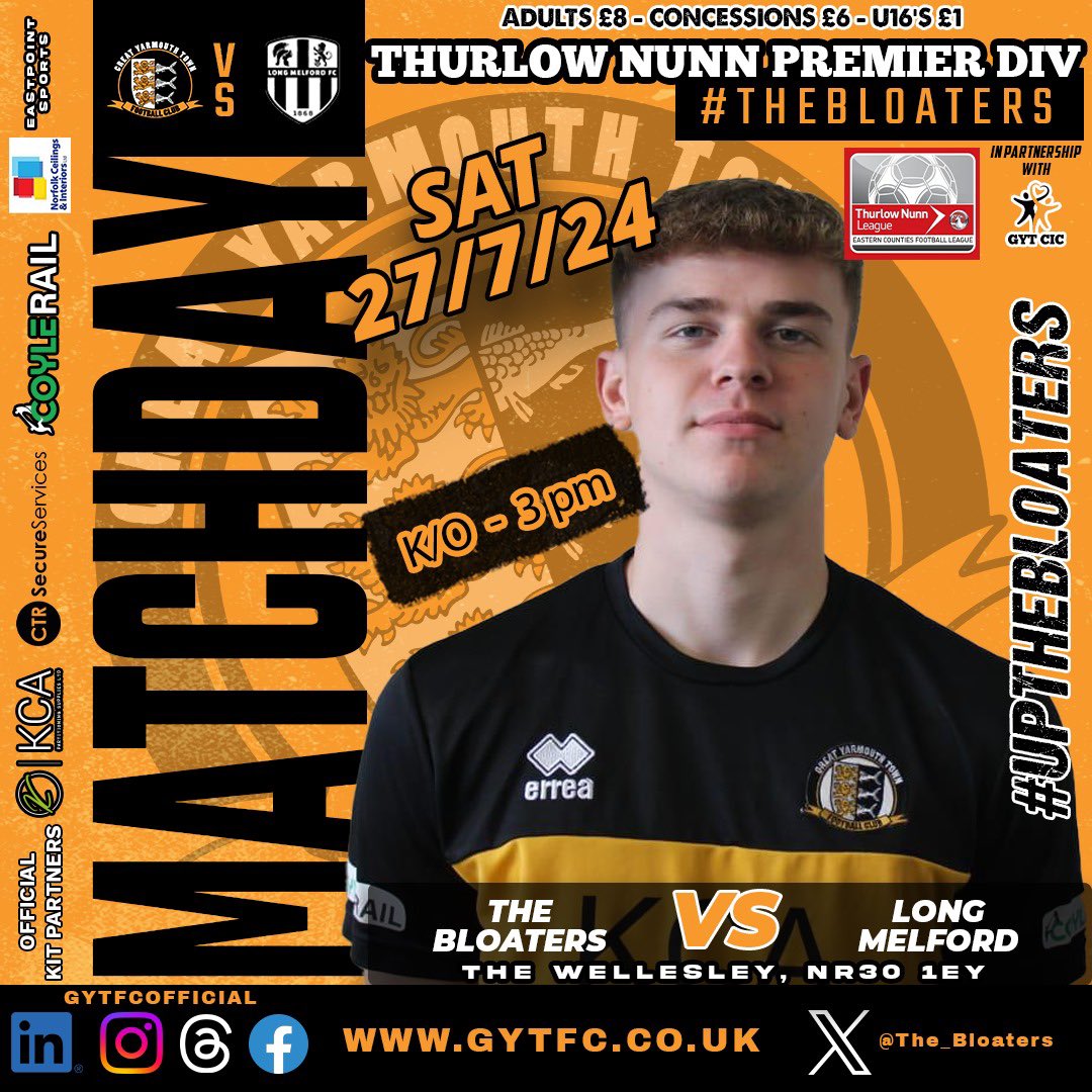 🧡🖤THURLOW NUNN PREMIER LEAGUE 🧡🖤

THE BLOATERS V LONG MELFORD
THE WELLESLEY 3PM
Adults £8
Over 65 and 16-18 £5
Under 16s £1
Gates and bar open 2pm 🍻
Hot dogs available 🌭
🧡🖤YOUR SUPPORT IS GENUINELY APPRECIATED AS ALWAYS 🧡🖤