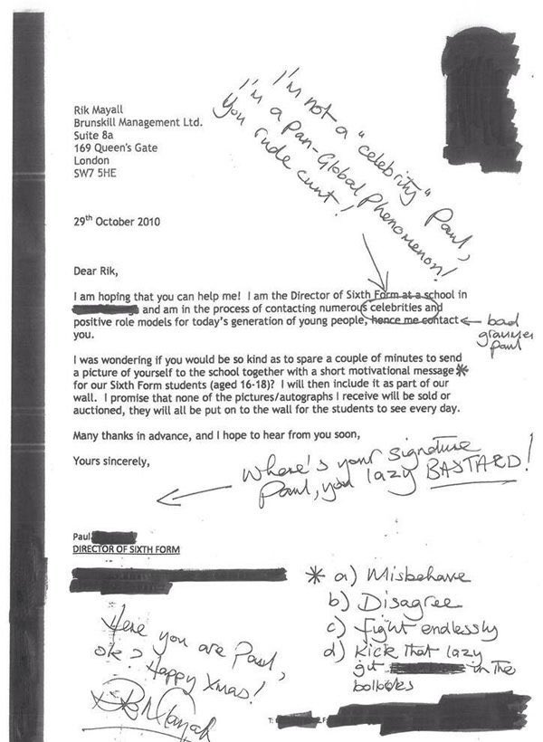 Rik Mayall’s handwritten reply to a letter from a director of sixth form
